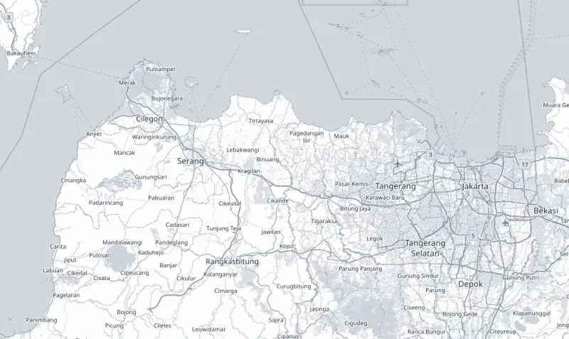 Peta wilayah Jawa bagian barat yang menunjukkan lokasi Kota Cilegon dan Jakarta Selatan.
